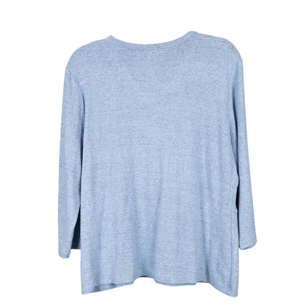 Cathy Knit Top L Womens Light Blue Rhinestone Gems Stripes 3/4 Sleeve Fleece - Picture 6 of 6